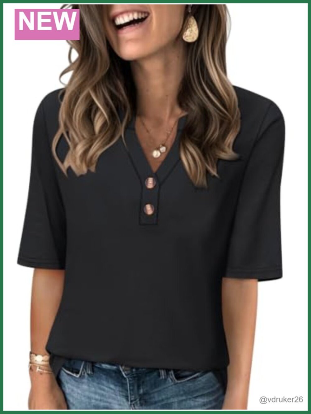 Minetom Women's Half Sleeve V Neck Button Casual Tee Soft Stretch Top